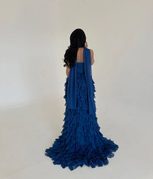 Classic Royal Blue Straight Across Sleeveless Pleated Evening Dress With Scarf