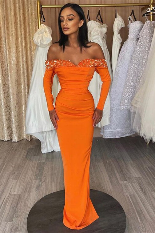 Chic Orange Off-The-Shoulder Long Sleeves Strapless Mermaid Prom Dress With Sequins