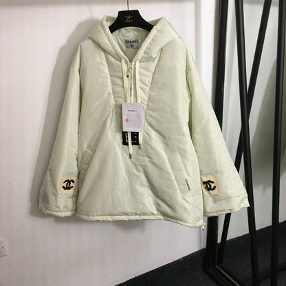 CC Side Slit Logo Half-zip Long-sleeved Hooded Cotton Jacket