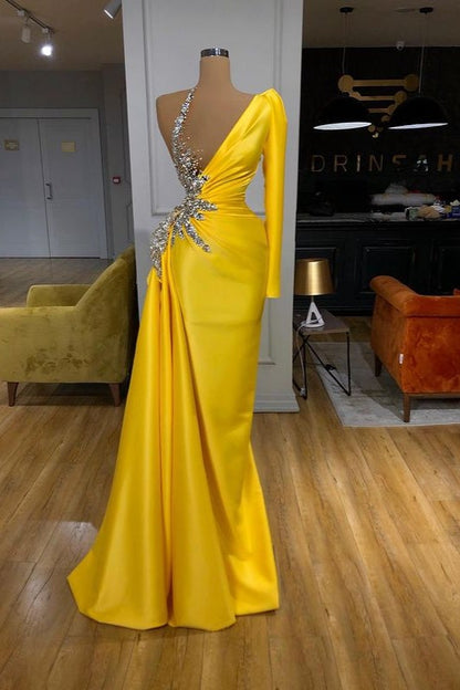 Mermiad Yellow long Sleeves Prom Dress