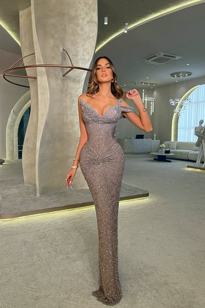 One Shoulder V-Neck Long Mermaid Prom Dress Sleeveless with Sequins
