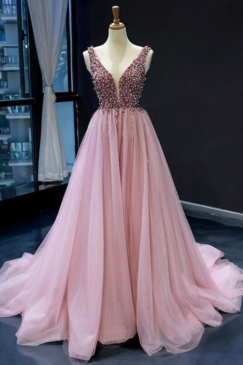Pink V-Neck Mermaid Sleeveless Prom Dress With Beadings On Sale