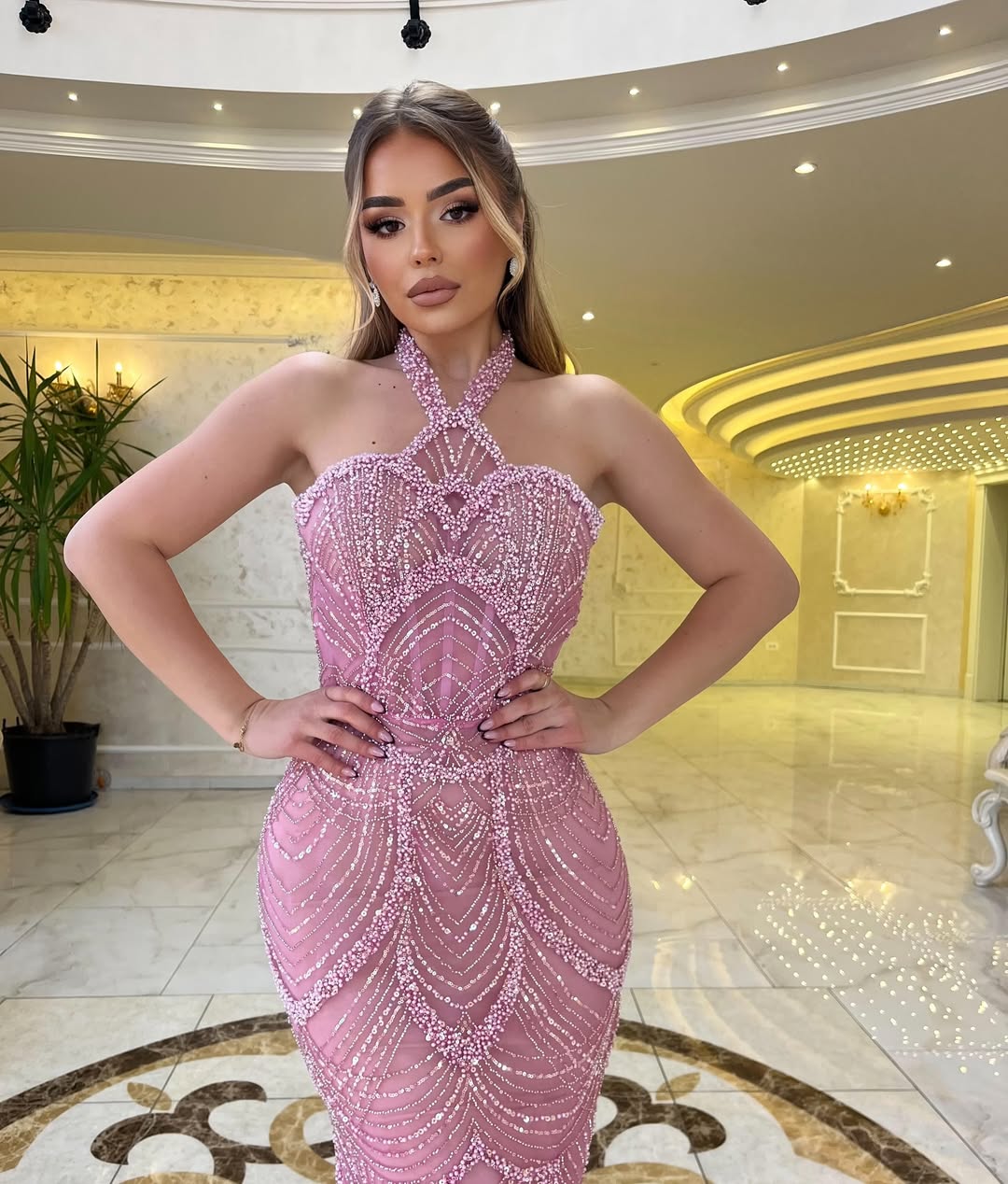 Shining Dusty Rose Beaded Sequins Sleeveless Halter Long Prom Dress