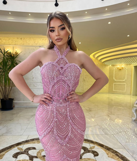 Shining Dusty Rose Beaded Sequins Sleeveless Halter Long Prom Dress