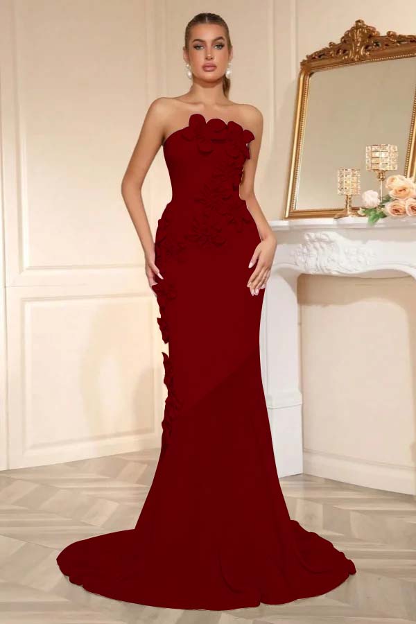 Elegant Sleeveless Satin Square Strapless Mermaid Prom Dress With Handmade Flower