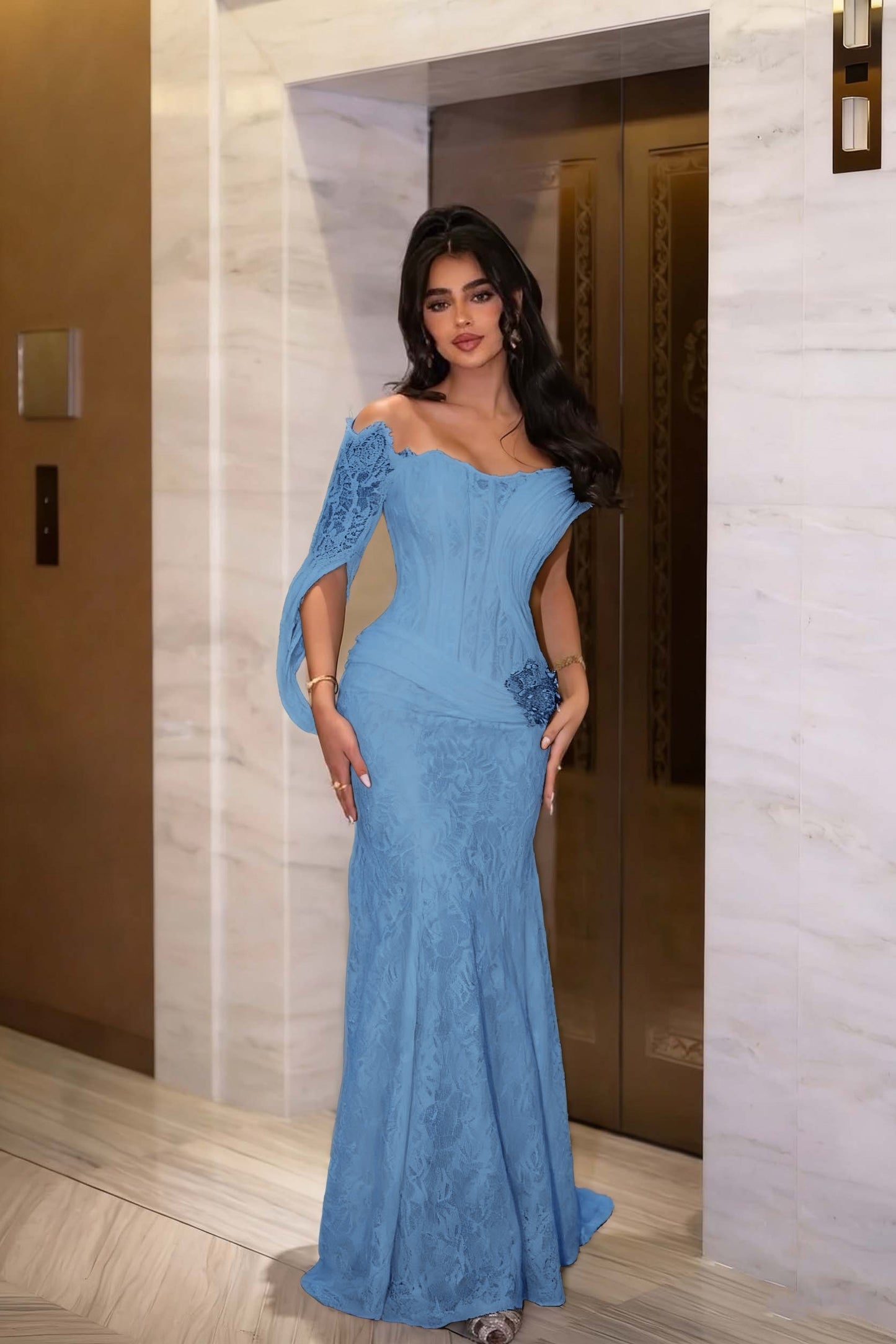 Black Long Sleeves Strapless Mermaid Prom Dress With Embroidery