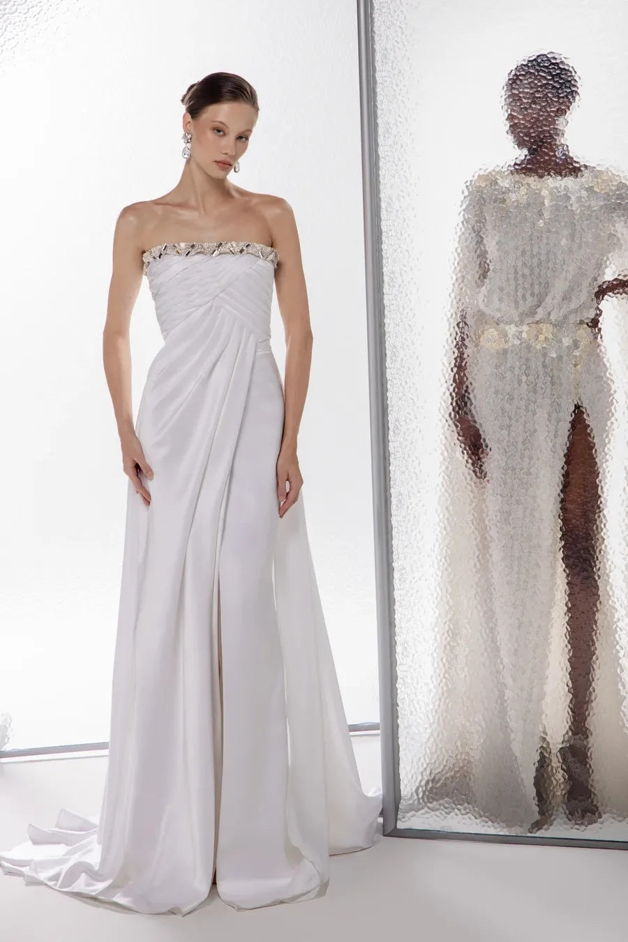 White Sleeveless Square A Line Pleated Prom Dress With Slit