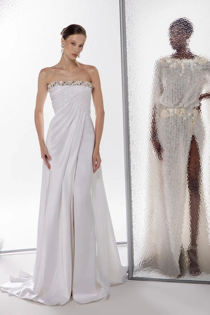 White Sleeveless Square A Line Pleated Prom Dress With Slit