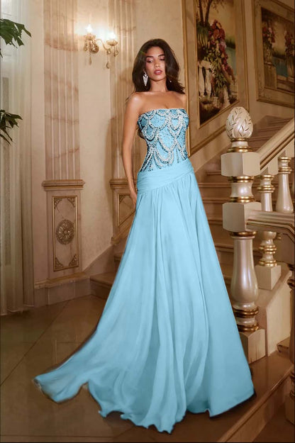 Exquisite DarkNavy Chiffon Sleeveless Strapless Evening Dress with Sequins