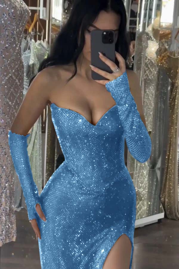 Burgundy Sleeveless Strapless Sequins Mermaid Prom Dress With Gloves