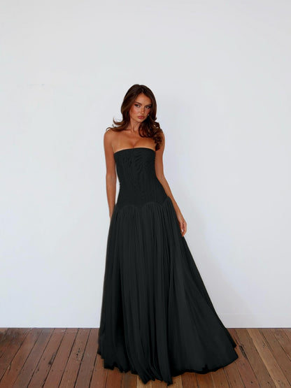 Charming Straight Across Sleeveless Pleated Tulle Evening Dress