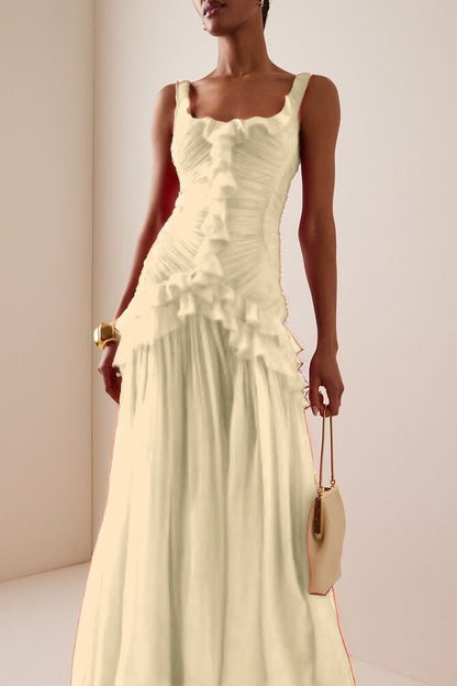 Elegant Ruffled Red Sleeveless Square Long Prom Dress With Pleated