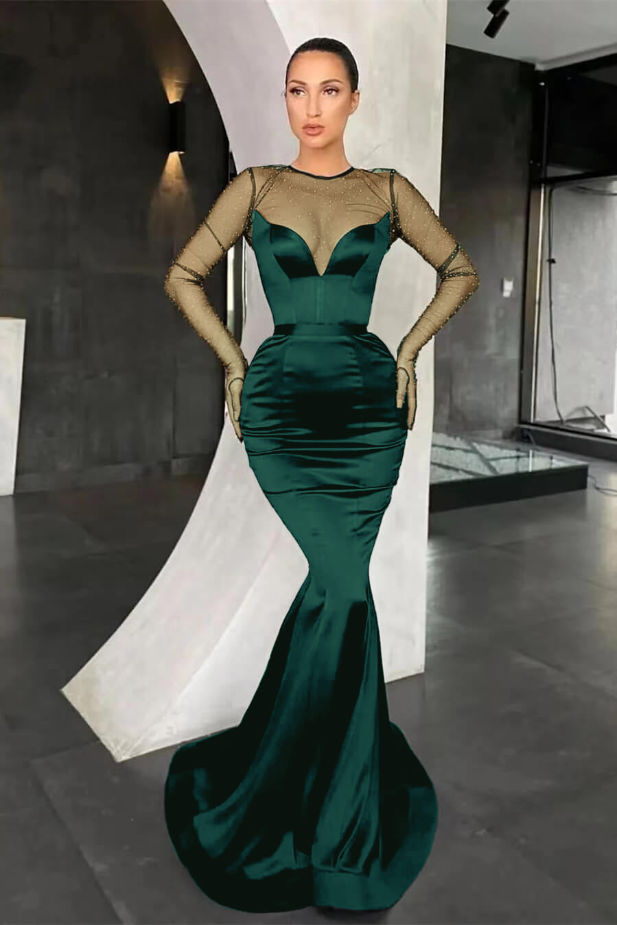 Black Mermaid Long Sleeves Prom Dress With Beads Online V-Neck
