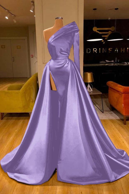 One Shoulder Slit Long Sleeves Prom Dress Overskirt