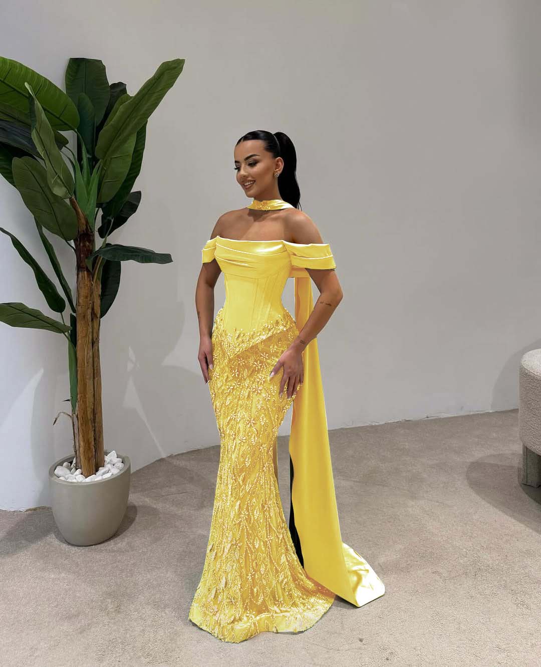Off Shoulder Beads Mermaid Square Prom Dress With Scarf
