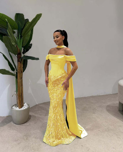 Off Shoulder Beads Mermaid Square Prom Dress With Scarf