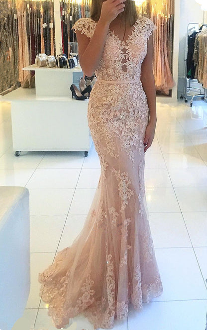 Appliques Mermaid Cap Sleeve Prom Dress