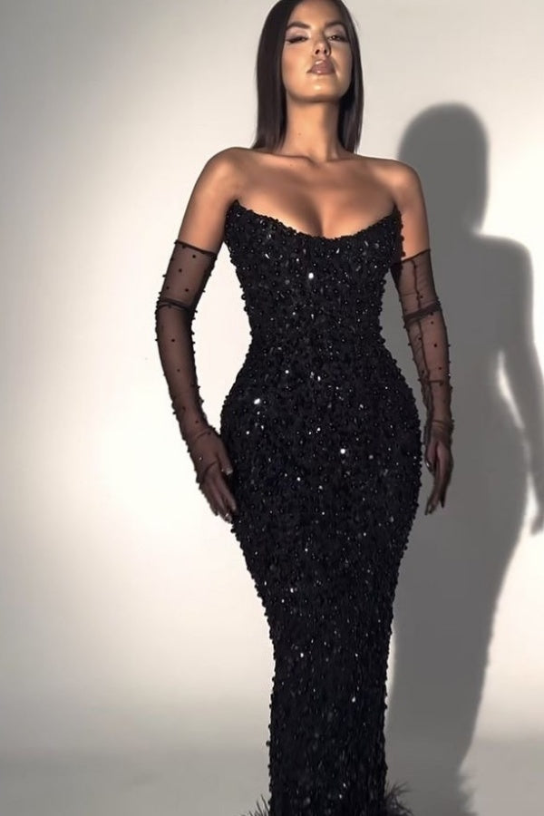 Black Strapless Long Prom Dress Sleeveless with Sequins