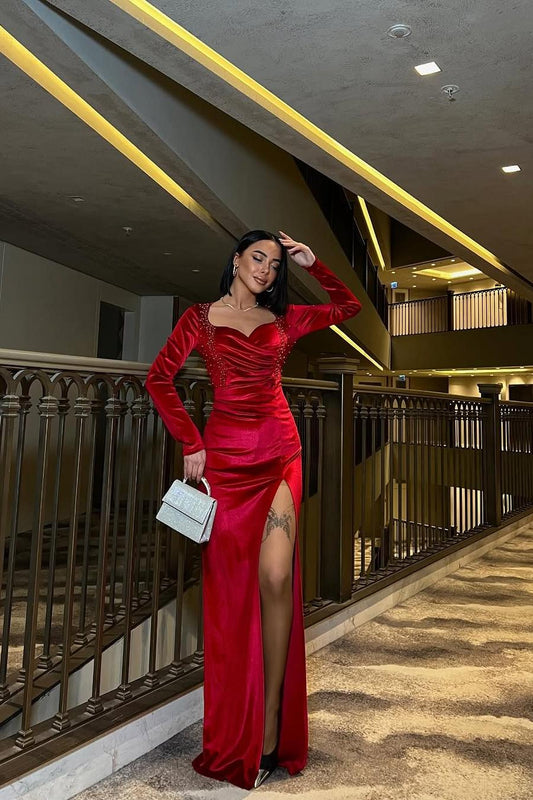 Amazing Red Velvet Long Sleeves Sweetheart Long Split Prom Dress with Beadings