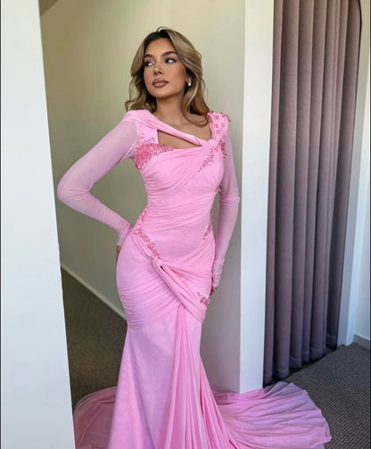 Chic Pink Chiffon Square Neck Long Sleeves Slim Prom Dress with Beaded
