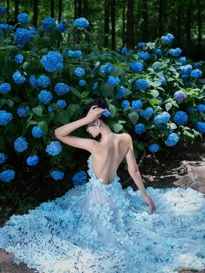 Blue A Line Spaghetti Strap Paper Cut Hollow Satin Open Back Long Party Dress Evening Dress SH2858