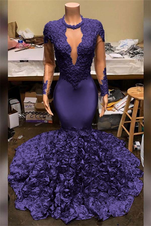 Elegant Mermaid V-Neck Prom Dress Appliques Long Sleeves With Flowers Bottom