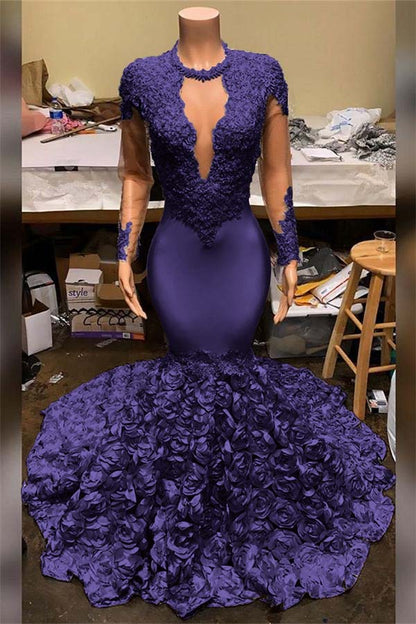 Elegant Mermaid V-Neck Prom Dress Appliques Long Sleeves With Flowers Bottom