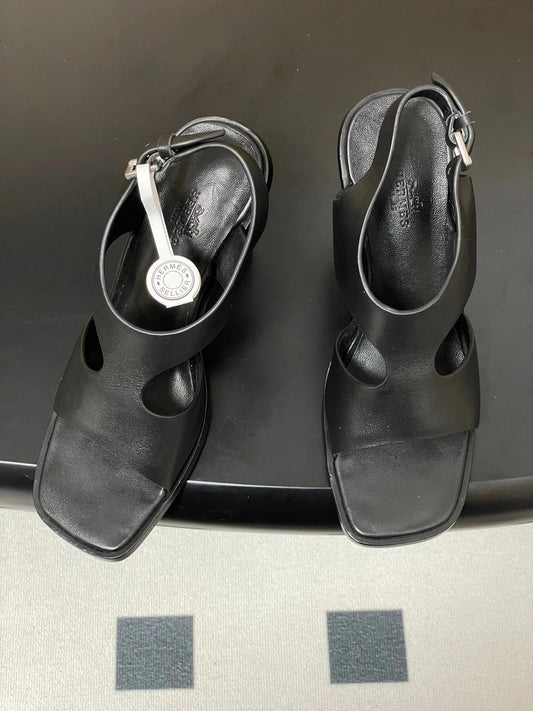 HM 25S KALYA WEDGE SANDAL 100 MM IN BLACK LAMBSKIN