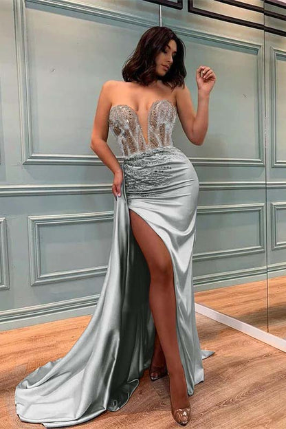 Sweetheart Beadings Light Blue Mermaid Prom Dress With Split