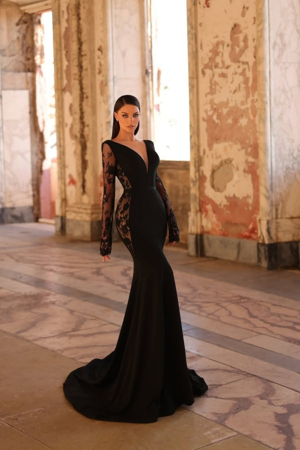 Black V-Neck Long Mermaid prom dress with Long sleeves