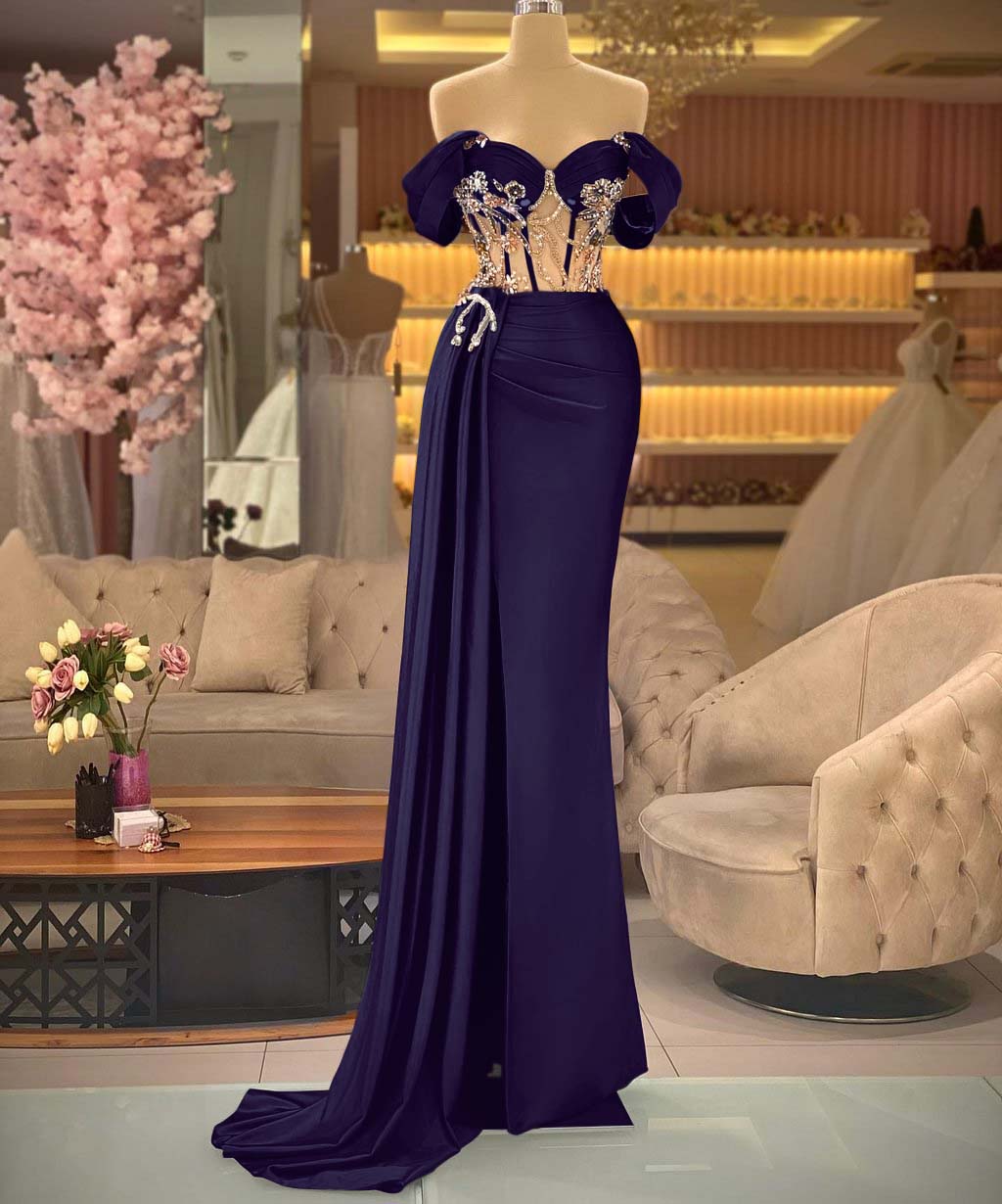 Elegant Off-the-shoulder Royal Blue Beaded Sleeveless Prom Dress with Split