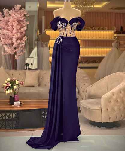 Elegant Off-the-shoulder Royal Blue Beaded Sleeveless Prom Dress with Split