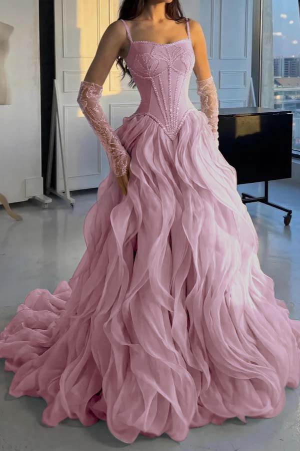 Stunning Silver Straps Formal Evening Dress Sleeveless Beading with Ruffles