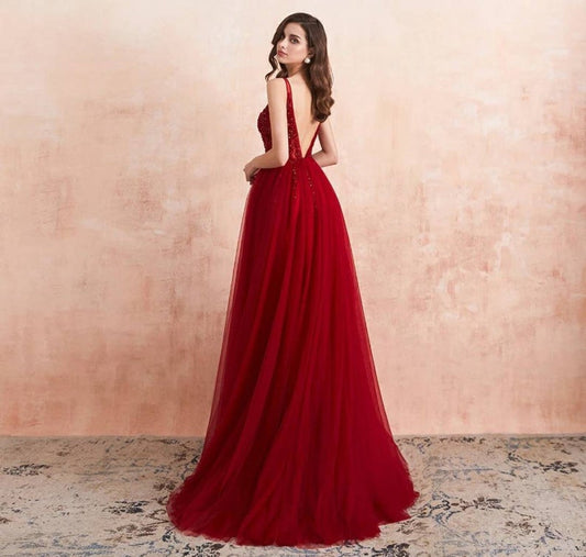 Burgundy V-Neck Sleeveless Slit Evening Dress Long Tulle with Beads