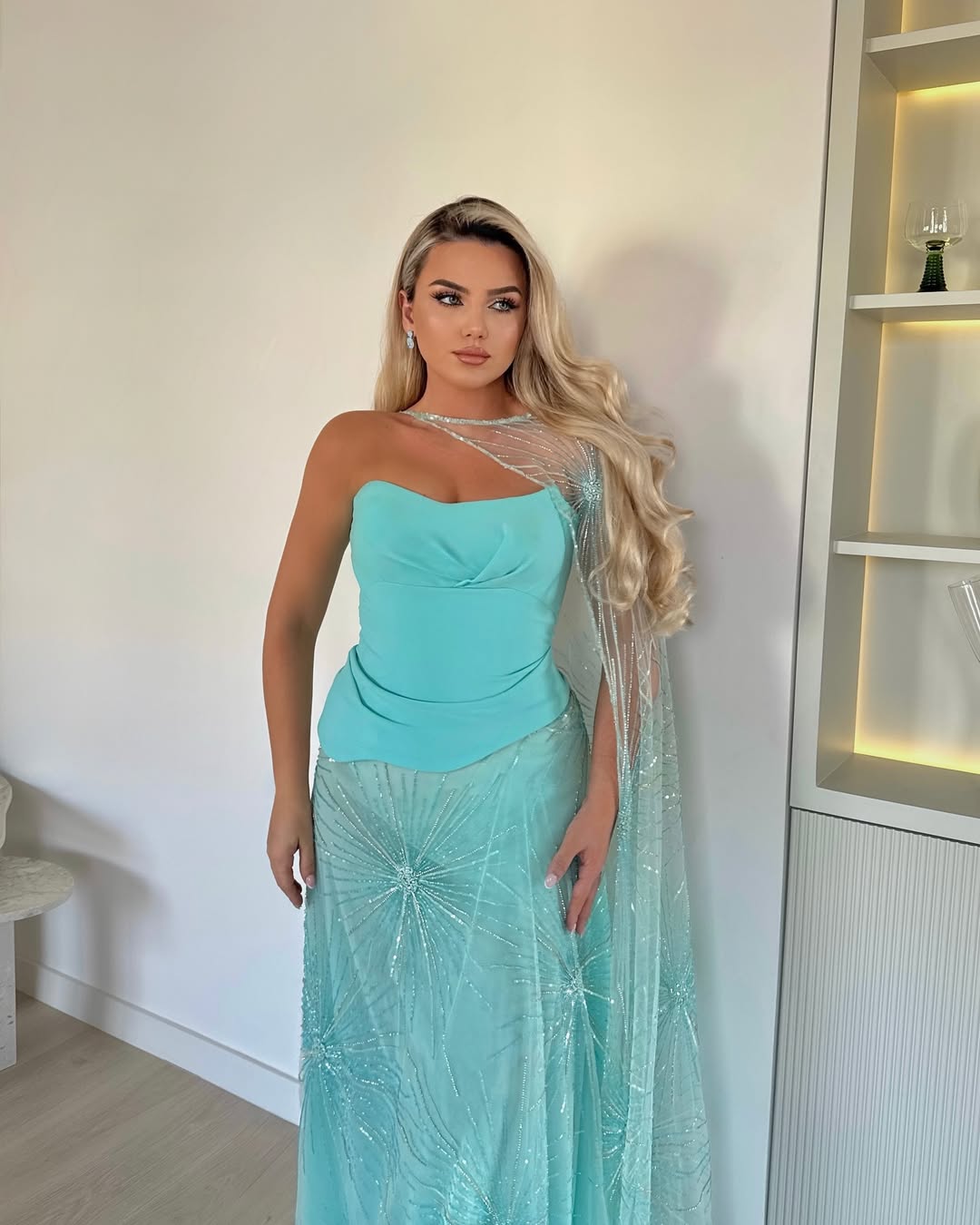Elegant Mint Green Strapless Sequins Sleeveless Prom Dress with Shawl