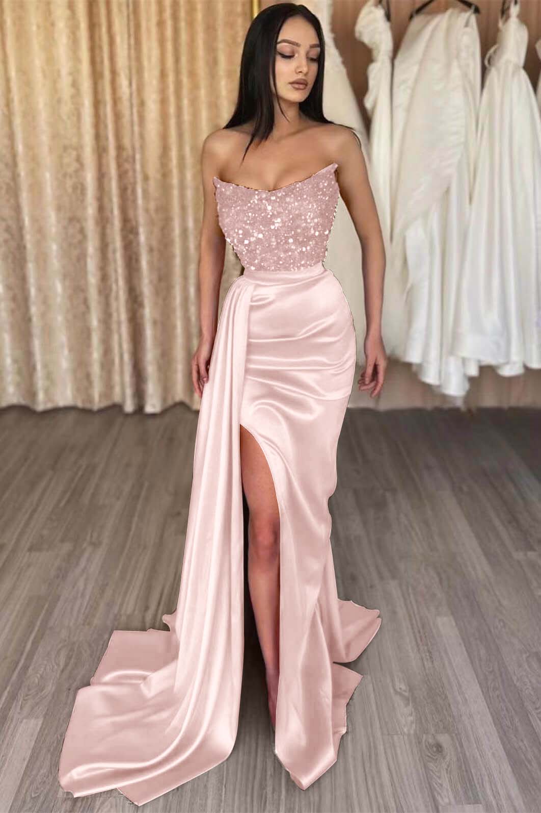 Red Strapless Elegant Long Sequins Prom Dress Mermaid Slit