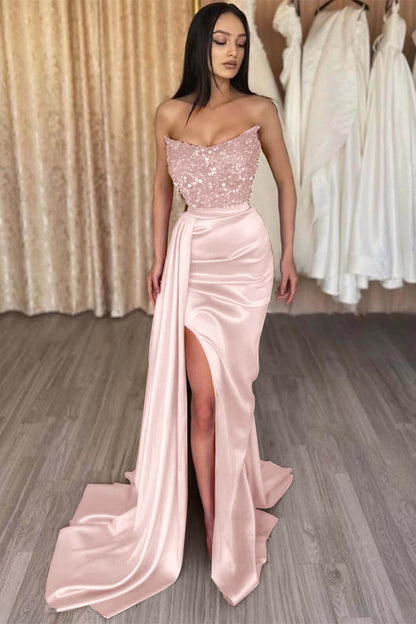 Red Strapless Elegant Long Sequins Prom Dress Mermaid Slit