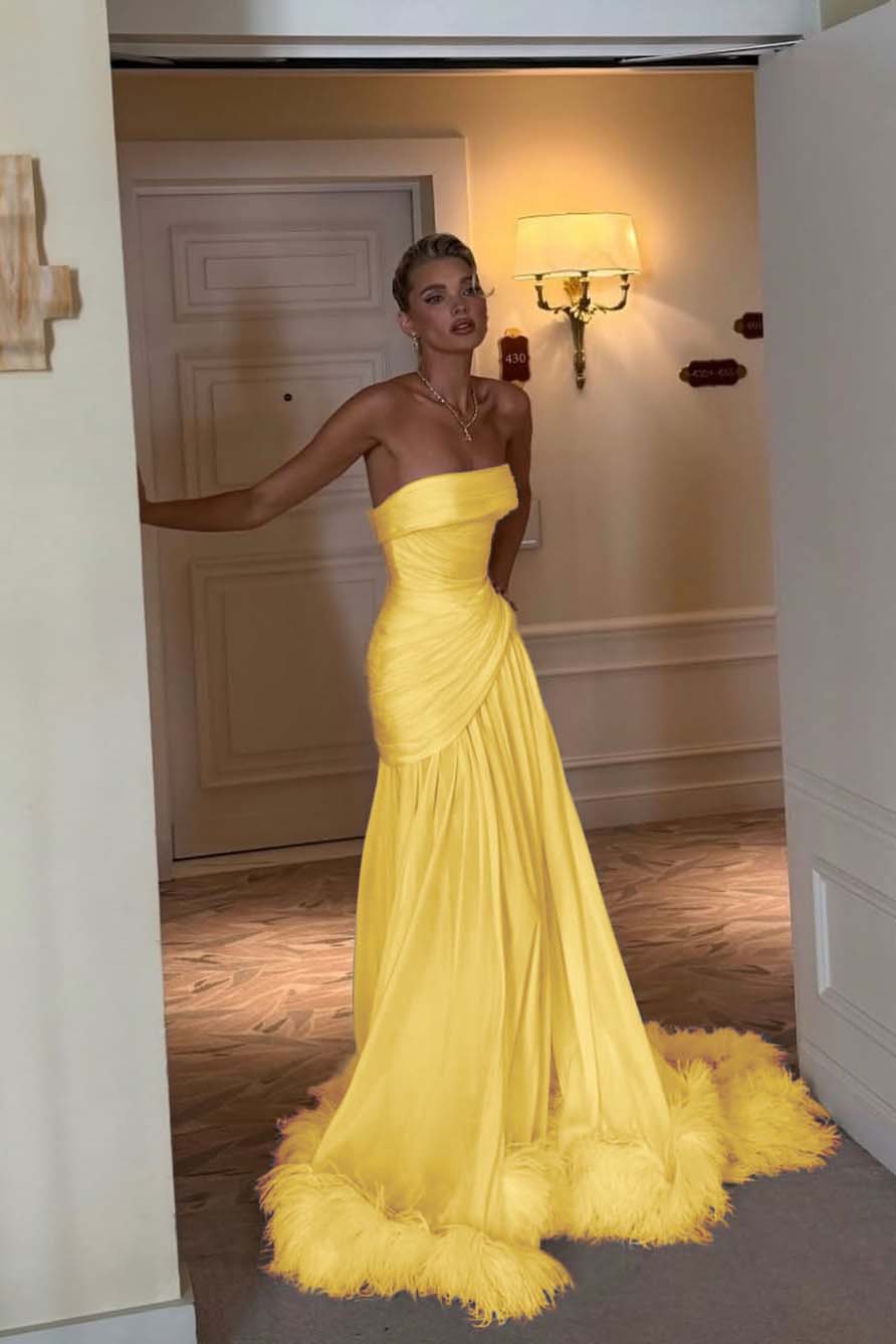 Sleeveless Strapless Square Prom Dress With Feather