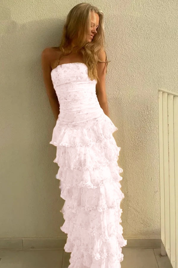 Glamorous Daffodil Sleeveless Strapless Long Evening Dress With Ruffles