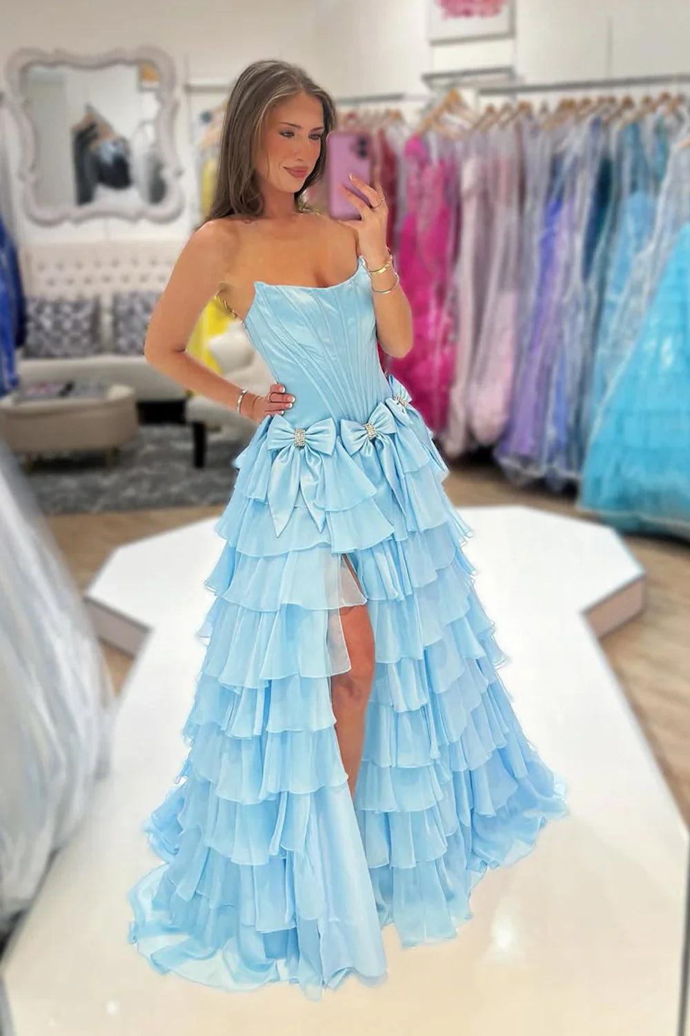 Bateau Strapless Two Tone Chiffon Tiered Party Prom Dress With Bows