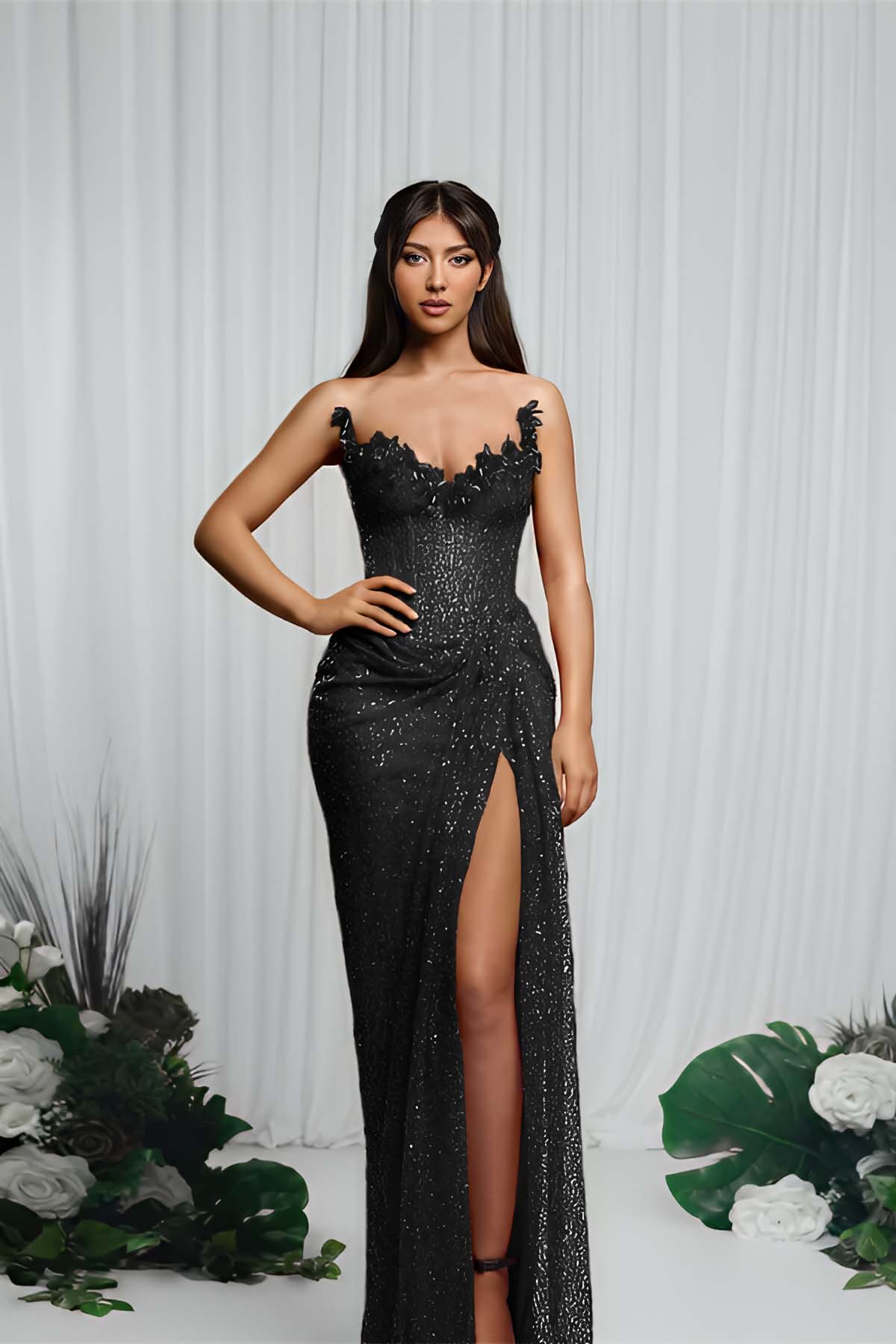 Red Sleeveless Strapless V-Neck Prom Dress With Sequins