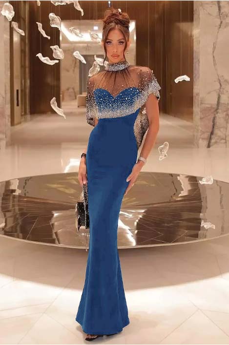 Shinning Black Satin Sweetheart Beaded Sleeveless Mermaid Prom Dress with Shawl
