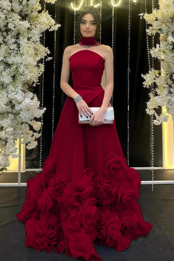 Strapless Sleeveless Long Ruffle Evening Dress With Flower Pleated