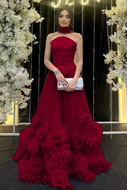 Strapless Sleeveless Long Ruffle Evening Dress With Flower Pleated