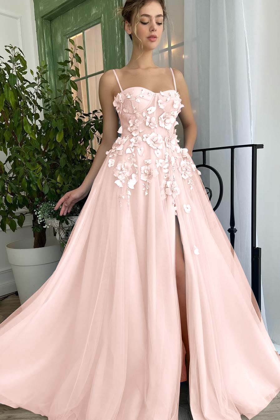 Baby Blue Sweetheart Flowers Appliques Spaghetti Strap Prom Dress Side Split