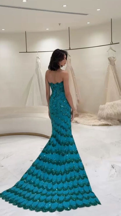 Gorgeous Sheath Strapless Bead Sequin Green Satin Long Sweep Party Dress with Slit SH2713