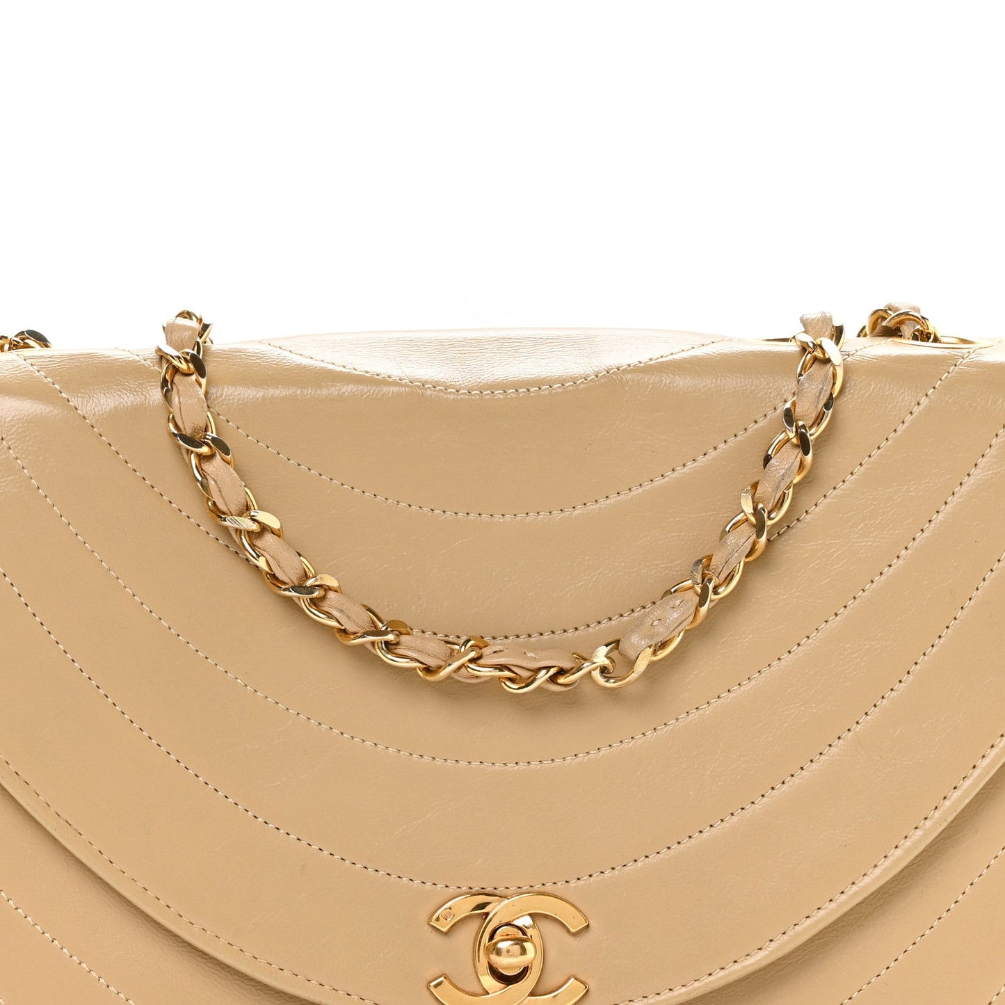 Lambskin Ribbon Stitched Flap Beige
