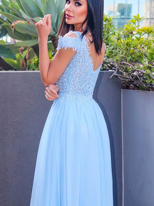 Cap Sleeves Classy Sky Blue Long Prom Dress Front Slit