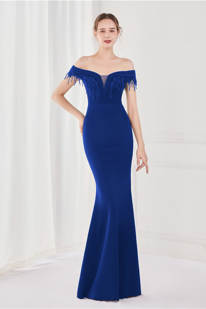 Dark Green V-Neck Mermaid Off-The-Shoulder Evening Dress With Appliques Tassel