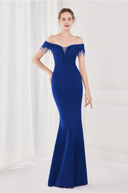 Dark Green V-Neck Mermaid Off-The-Shoulder Evening Dress With Appliques Tassel